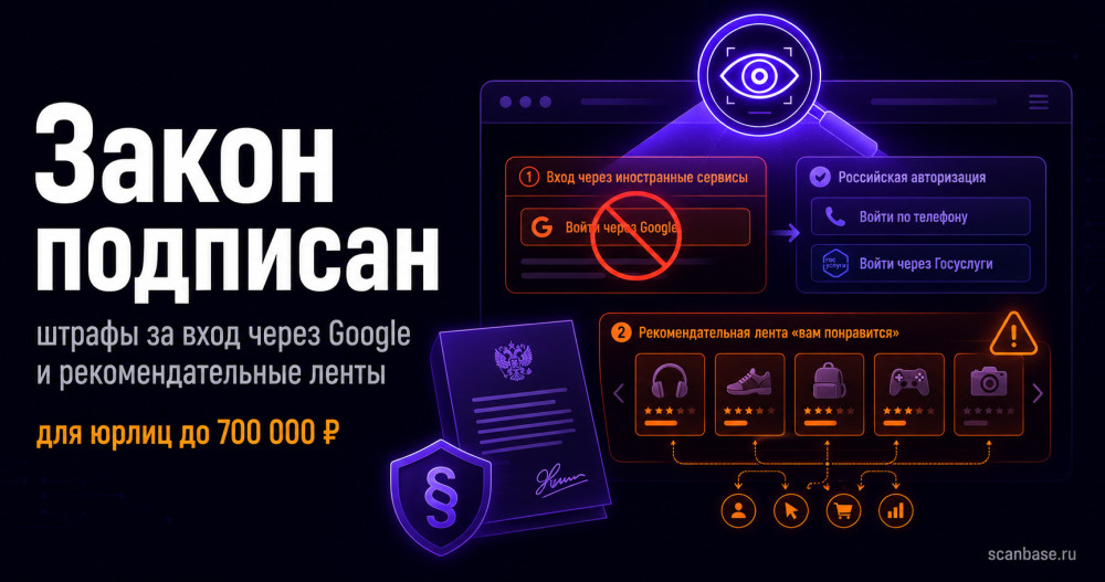 Scanbase: Президент подписал закон о штрафах за авторизацию через иностранные сервисы и рекомендательные алгоритмы. Что проверить на сайте