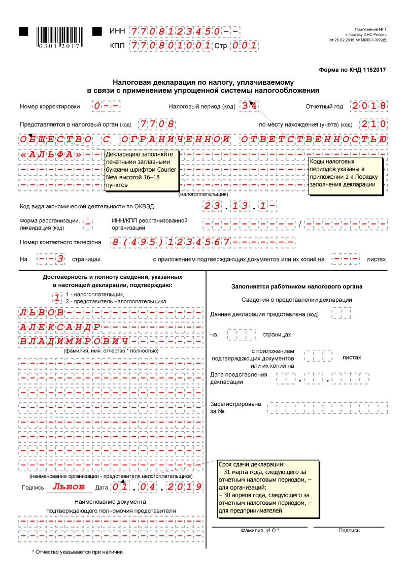 Образец заполнения декларации доход минус расход