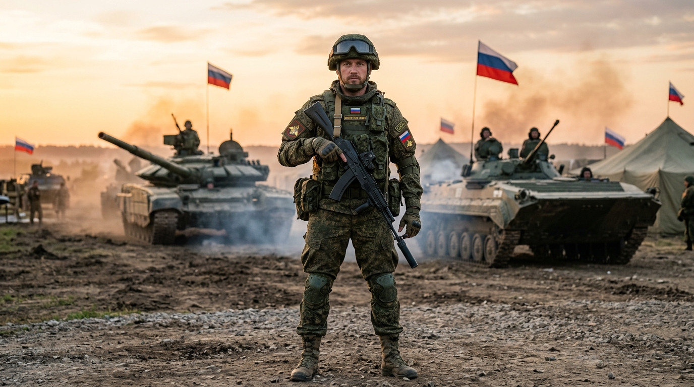 Военный контрактник в современной форме на фоне военной техники, символизирующий службу по контракту в Минобороны РФ